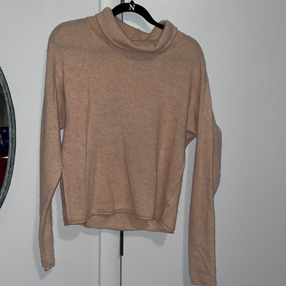 Tan slouchy turtle neck sweater.